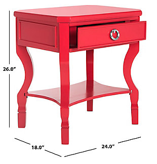 Posh as the area that inspired the design, the fine craftmanship of this accent table evokes traditional style with a modern edge. The gently curved legs and chic silvertone hardware make it as versatile as it is timeless. A splendid solution in your home as a nightstand, accent or end table.Made of rubberwood and iron | Red lacquer finish | Single drawer | Fixed lower shelf | Assembly required