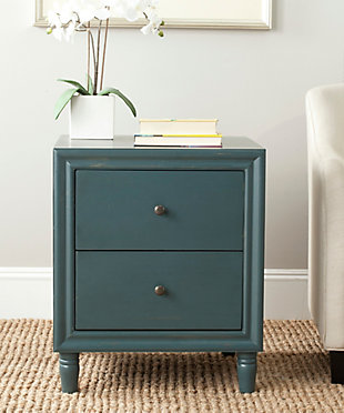 Edgy and elegant, this nightstand is where sweet dreams begin. Its sturdy construction, and two ample drawers make it the perfect place to store anything at an arm’s reach. Versatile enough for the bedroom, living room, family room, den, library or study.Made of elm wood and zinc | Dark teal lacquer finish | 2 drawers | Zinc alloy hardware | Assembly required