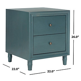 Edgy and elegant, this nightstand is where sweet dreams begin. Its sturdy construction, and two ample drawers make it the perfect place to store anything at an arm’s reach. Versatile enough for the bedroom, living room, family room, den, library or study.Made of elm wood and zinc | Dark teal lacquer finish | 2 drawers | Zinc alloy hardware | Assembly required
