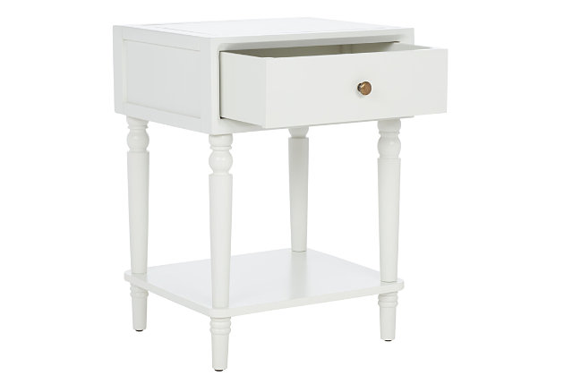 Add a touch of vintage charm with this end table. Bringing just the right amount of storage and country style to the bedroom, living room or even a home office with its clean lines and refined sculptured legs, this table is a pleasant addition to your farmhouse or country cottage aesthetic.Made of poplar wood and zinc | Off-white lacquer finish | Single drawer | Zinc alloy hardware | Fixed lower shelf | Assembly required