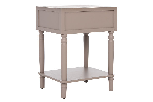Add a touch of vintage charm with this end table. Bringing just the right amount of storage and country style to the bedroom, living room or even a home office with its clean lines and refined sculptured legs, this table is a pleasant addition to your farmhouse or country cottage aesthetic.Made of poplar wood and zinc | Gray lacquer finish | Single drawer | Zinc alloy hardware | Fixed lower shelf | Assembly required