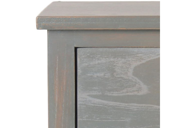 Designed to complement country and coastal interiors, the traditional lines of this nightstand are classic and timeless. Beautifully crafted, this nightstand with its handy storage drawer is ideal in the bedroom or framing a sofa in the living room.Made of elm wood and zinc | Ash gray lacquer finish | Single drawer | Zinc alloy hardware | Fixed lower shelf | No assembly required