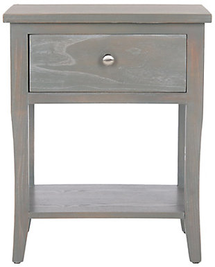 Designed to complement country and coastal interiors, the traditional lines of this nightstand are classic and timeless. Beautifully crafted, this nightstand with its handy storage drawer is ideal in the bedroom or framing a sofa in the living room.Made of elm wood and zinc | Ash gray lacquer finish | Single drawer | Zinc alloy hardware | Fixed lower shelf | No assembly required
