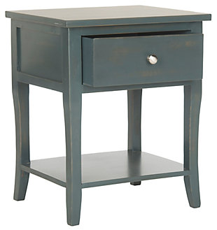 Designed to complement country and coastal interiors, the traditional lines of this nightstand are classic and timeless. Beautifully crafted, this nightstand with its handy storage drawer is ideal in the bedroom or framing a sofa in the living room.Made of elm wood and zinc | Dark teal lacquer finish | Single drawer | Zinc alloy hardware | Fixed lower shelf | No assembly required