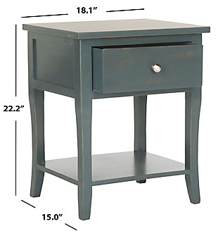 Designed to complement country and coastal interiors, the traditional lines of this nightstand are classic and timeless. Beautifully crafted, this nightstand with its handy storage drawer is ideal in the bedroom or framing a sofa in the living room.Made of elm wood and zinc | Dark teal lacquer finish | Single drawer | Zinc alloy hardware | Fixed lower shelf | No assembly required