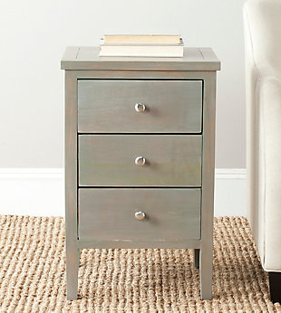 This end table features a modern style, making it aesthetically appealing for your interior design. Made of wood, it is a design staple that conveys elegance and charm. The three drawers are ideal for holding remotes, coasters or small items you have laying around your living space. The sturdy design ensures that this fashionable and functional table will stay in great condition for a very long time.Made of elm wood and zinc | Ash gray lacquer finish | 3 drawers | Zinc alloy hardware | No assembly required