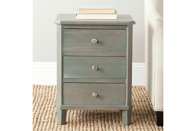 With its go-with-anything transitional style, this end table is designed to complement furnishings from traditional to contemporary. Beautifully crafted, this table features three ample drawers for precious objects and everyday essentials. Place in the living room or bedroom for a pretty storage solution. A great addition to your home that’s equally city chic or country cool.Made of elm wood and zinc | Ash gray lacquer finish | 3 drawers | Zinc alloy hardware | No assembly required