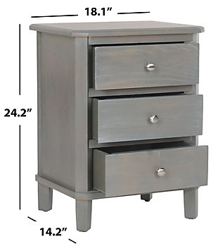 With its go-with-anything transitional style, this end table is designed to complement furnishings from traditional to contemporary. Beautifully crafted, this table features three ample drawers for precious objects and everyday essentials. Place in the living room or bedroom for a pretty storage solution. A great addition to your home that’s equally city chic or country cool.Made of elm wood and zinc | Ash gray lacquer finish | 3 drawers | Zinc alloy hardware | No assembly required