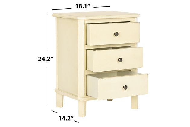 With its go-with-anything transitional style, this end table is designed to complement furnishings from traditional to contemporary. Beautifully crafted, this table features three ample drawers for precious objects and everyday essentials. Place in the living room or bedroom for a pretty storage solution. A great addition to your home that’s equally city chic or country cool.Made of poplar wood and zinc | Barley lacquer finish | 3 drawers | Zinc alloy hardware | No assembly required