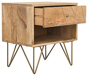 Give your bed a statement-making sidekick with this modern nightstand. Drawing inspiration from mid-century designs, this low-profile piece is founded atop four hairpin legs in a brass-tone finish for a sleek touch. A natural stain outfits the body for a hint of warmth. Beyond stylish, this nightstand features one drawer adorned with geometric overlay and one open lower shelf, so you can organize bedside essentials.Made of mango wood and iron | Natural finish | Single drawer | Open lower shelf | Assembly required