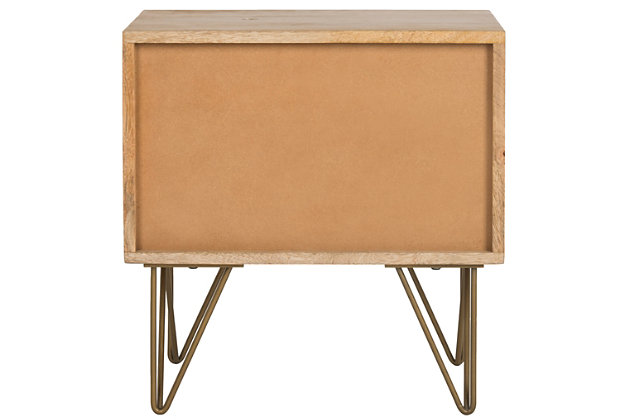 Give your bed a statement-making sidekick with this modern nightstand. Drawing inspiration from mid-century designs, this low-profile piece is founded atop four hairpin legs in a brass-tone finish for a sleek touch. A natural stain outfits the body for a hint of warmth. Beyond stylish, this nightstand features one drawer adorned with geometric overlay and one open lower shelf, so you can organize bedside essentials.Made of mango wood and iron | Natural finish | Single drawer | Open lower shelf | Assembly required