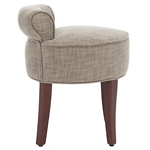 This delightful, round vanity chair is pretty and petite enough to tuck in a bathroom or bedroom and brimming with feminine style. Graceful wood legs, deep seat, sophisticated colored fabric and diminutive button tufted back are designed for indulgent comfort. This vanity stool is a charming seat suited for various types of decor.Viscose/polyester upholstery | High-resiliency foam cushions wrapped in thick poly fiber | Birch wood legs with cherry mahogany finish | Assembly required