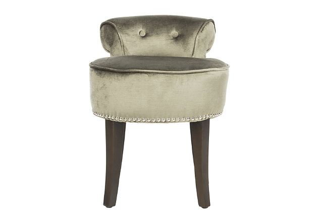 This delightful, round vanity chair is pretty and petite enough to tuck in a bathroom or bedroom and brimming with feminine style. Graceful wood legs, deep seat, sophisticated colored fabric and diminutive button tufted back are designed for indulgent comfort. This vanity stool is a charming seat suited for various types of decor.Viscose/cotton upholstery | High-resiliency foam cushions wrapped in thick poly fiber | Birch wood legs with espresso finish | Brass-tone nailhead trim | Assembly required