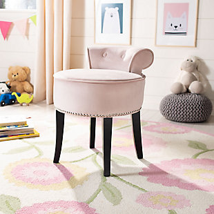 This delightful, round vanity chair is pretty and petite enough to tuck in a bathroom or bedroom and brimming with feminine style. Graceful wood legs, deep seat, sophisticated colored fabric and diminutive button tufted back are designed for indulgent comfort. This vanity stool is a charming seat suited for various types of decor.100% polyester velvet upholstery | High-resiliency foam cushions wrapped in thick poly fiber | Birch wood legs with espresso finish | Brass-tone nailhead trim | Assembly required