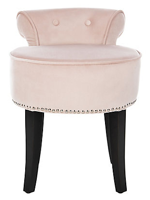 This delightful, round vanity chair is pretty and petite enough to tuck in a bathroom or bedroom and brimming with feminine style. Graceful wood legs, deep seat, sophisticated colored fabric and diminutive button tufted back are designed for indulgent comfort. This vanity stool is a charming seat suited for various types of decor.100% polyester velvet upholstery | High-resiliency foam cushions wrapped in thick poly fiber | Birch wood legs with espresso finish | Brass-tone nailhead trim | Assembly required