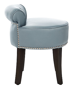 This delightful, round vanity chair is pretty and petite enough to tuck in a bathroom or bedroom and brimming with feminine style. Graceful wood legs, deep seat, sophisticated colored fabric and diminutive button tufted back are designed for indulgent comfort. This vanity stool is a charming seat suited for various types of decor.Polyester/cotton upholstery | High-resiliency foam cushions wrapped in thick poly fiber | Birch wood legs with espresso finish | Silvertone nailhead trim | Assembly required