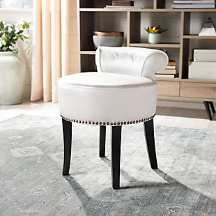 This delightful, round vanity chair is pretty and petite enough to tuck in a bathroom or bedroom and brimming with feminine style. Graceful wood legs, deep seat, sophisticated colored fabric and diminutive button tufted back are designed for indulgent comfort. This vanity stool is a charming seat suited for various types of decor.Polyester/cotton upholstery | High-resiliency foam cushions wrapped in thick poly fiber | Birch wood legs with espresso finish | Silvertone nailhead trim | Assembly required