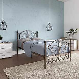 Highlighted with intricate arcing curves, detailed finial posts and finished in glossy metal, this stunning bed exemplifies luxurious elegance and traditional design in any bedroom or guest room. Crafted in sturdy metal, the bed frame comes with a premium metal slat system that allows air to flow beneath the mattress, keeping it fresh for years to come and without requiring a foundation. Top it off with cozy sheets, plush pillows and a comforter, and contentedly sleep the night away.Includes headboard, footboard, rails and slats | Metal frame | Twin size | Oil rubbed bronze-tone finish | 5 legs (includes center support leg) | Weight capacity 250 pounds | Bed does not require a foundation/box spring | Mattress available, sold separately | Assembly required