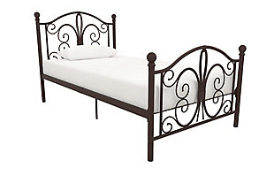 Highlighted with intricate arcing curves, detailed finial posts and finished in glossy metal, this stunning bed exemplifies luxurious elegance and traditional design in any bedroom or guest room. Crafted in sturdy metal, the bed frame comes with a premium metal slat system that allows air to flow beneath the mattress, keeping it fresh for years to come and without requiring a foundation. Top it off with cozy sheets, plush pillows and a comforter, and contentedly sleep the night away.Includes headboard, footboard, rails and slats | Metal frame | Twin size | Oil rubbed bronze-tone finish | 5 legs (includes center support leg) | Weight capacity 250 pounds | Bed does not require a foundation/box spring | Mattress available, sold separately | Assembly required