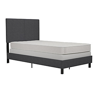 The "less-is-more" concept perfectly portrays this upholstered bed. This chic and sophisticated minimalistic bed features a solid headboard, upholstered in premium linen fabric for a touch of warmth, making this bed a great complement to any bedroom. A sturdy wood/metal frame and center legs for added support offer restful sleep in your blissful retreat.Includes headboard, footboard, rails and slats | Twin size | Metal/wood frame | Gray linen upholstery | Foam cushioning | Weight capacity 250 pounds | Foundation/box spring required, sold separately | Mattress available, sold separately | Assembly required
