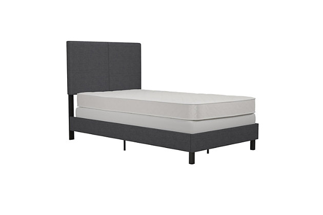 The "less-is-more" concept perfectly portrays this upholstered bed. This chic and sophisticated minimalistic bed features a solid headboard, upholstered in premium linen fabric for a touch of warmth, making this bed a great complement to any bedroom. A sturdy wood/metal frame and center legs for added support offer restful sleep in your blissful retreat.Includes headboard, footboard, rails and slats | Twin size | Metal/wood frame | Gray linen upholstery | Foam cushioning | Weight capacity 250 pounds | Foundation/box spring required, sold separately | Mattress available, sold separately | Assembly required