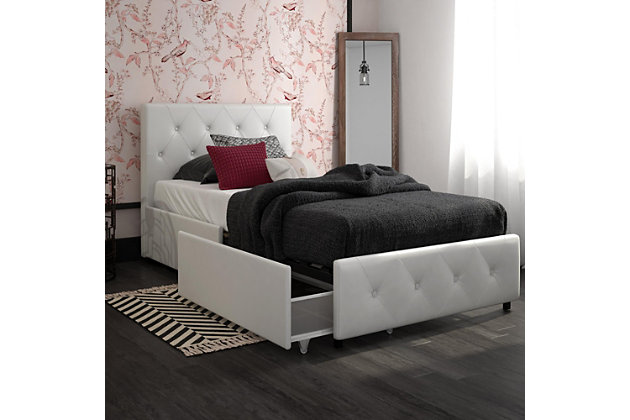 Give your bedroom an eye-catching centerpiece with this upholstered bed with storage. The sumptuous style will certainly bring richness and refinement to any bedroom. Upholstered in faux leather, the well-crafted frame is accented with button tufted diamond detailing on the headboard and footboard. The bed frame features a bentwood slat support system, helping you to sleep comfortably by evenly distributing your body weight and allowing air to pass freely underneath you, keeping your mattress fresher longer. The metal side rails, center rail and additional legs guarantee stability, support and durability, while the integrated drawers on casters allow for plenty of extra storage space.Includes headboard, footboard, rails and slats | Twin size | Wood/engineered wood frame | White faux leather upholstery | 2 built-in drawers | Weight capacity 250 pounds | Bed does not require a foundation/box spring | Mattress available, sold separately | Assembly required