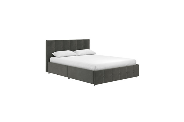 Give your bedroom an eye-catching centerpiece with this upholstered bed with storage. The sumptuous style will certainly bring richness and refinement to any bedroom. Its velvet upholstery, button-tufted details and foam padding are reminiscent of mid-century style. The bed frame features a bentwood slat support system, helping you to sleep comfortably by evenly distributing your body weight and allowing air to pass freely underneath you, keeping your mattress fresher longer. The metal side rails, center rail and additional legs guarantee stability, support and durability, while the integrated drawers on casters allow for plenty of extra storage space.Includes headboard, footboard, rails and slats | Full size | Wood/engineered wood frame | Gray velvet upholstery | Foam cushioning | 4 built-in drawers | Weight capacity 450 pounds | Bed does not require a foundation/box spring | Mattress available, sold separately | Assembly required