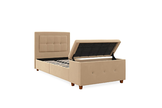 Storage space has never been this stylish or practical. This modern inspired bed upholstered in velvet features squared tufted detailing on its headboard as well as durable plastic legs with a replicated wood grain finish. Its unique footboard features a storage chest that can be installed to open on either side with practical air vent holes. Ideal for any small living space. Constructed with a robust wooden frame that includes side rails and additional metal legs to ensure long-lasting support and durability. In addition, the bentwood slat support system adapts to exerted pressure and eliminates the need for additional foundation or box spring.Includes headboard, storage footboard, rails and slats | Twin size | Wood/mdf frame | Ivory velvet upholstery | Weight capacity 250 pounds | Bed does not require a foundation/box spring | Mattress available, sold separately | Assembly required