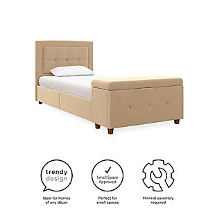Storage space has never been this stylish or practical. This modern inspired bed upholstered in velvet features squared tufted detailing on its headboard as well as durable plastic legs with a replicated wood grain finish. Its unique footboard features a storage chest that can be installed to open on either side with practical air vent holes. Ideal for any small living space. Constructed with a robust wooden frame that includes side rails and additional metal legs to ensure long-lasting support and durability. In addition, the bentwood slat support system adapts to exerted pressure and eliminates the need for additional foundation or box spring.Includes headboard, storage footboard, rails and slats | Twin size | Wood/mdf frame | Ivory velvet upholstery | Weight capacity 250 pounds | Bed does not require a foundation/box spring | Mattress available, sold separately | Assembly required