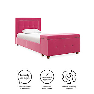 Storage space has never been this stylish or practical. This modern inspired bed upholstered in velvet features squared tufted detailing on its headboard as well as durable plastic legs with a replicated wood grain finish. Its unique footboard features a storage chest that can be installed to open on either side with practical air vent holes. Ideal for any small living space. Constructed with a robust wooden frame that includes side rails and additional metal legs to ensure long-lasting support and durability. In addition, the bentwood slat support system adapts to exerted pressure and eliminates the need for additional foundation or box spring.Includes headboard, storage footboard, rails and slats | Twin size | Wood/mdf frame | Pink velvet upholstery | Weight capacity 250 pounds | Bed does not require a foundation/box spring | Mattress available, sold separately | Assembly required