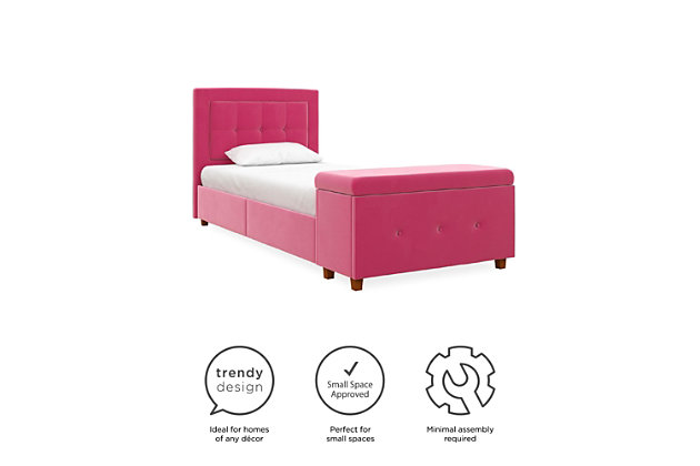 Storage space has never been this stylish or practical. This modern inspired bed upholstered in velvet features squared tufted detailing on its headboard as well as durable plastic legs with a replicated wood grain finish. Its unique footboard features a storage chest that can be installed to open on either side with practical air vent holes. Ideal for any small living space. Constructed with a robust wooden frame that includes side rails and additional metal legs to ensure long-lasting support and durability. In addition, the bentwood slat support system adapts to exerted pressure and eliminates the need for additional foundation or box spring.Includes headboard, storage footboard, rails and slats | Twin size | Wood/mdf frame | Pink velvet upholstery | Weight capacity 250 pounds | Bed does not require a foundation/box spring | Mattress available, sold separately | Assembly required