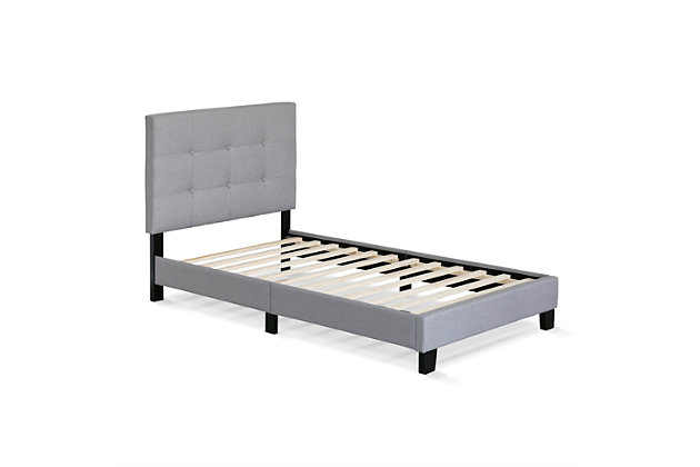 The perfect centerpiece for your bedroom. The Furinno Laval bed features a button-tufted headboard and low-profile footboard style frame. Its beautiful linen upholstery and cushioned padding will make your bedroom look like a luxurious and comfortable haven. This platform bed can be easily assembled. Step-by-step instructions included.Includes twin panel headboard and mounted bed frame with slats | Made of carb p2 and polyester | Gray upholstery | Button tufting | Weight capacity 500 pounds | Bed does not require a foundation/box spring | Mattress available, sold separately | Assembly required