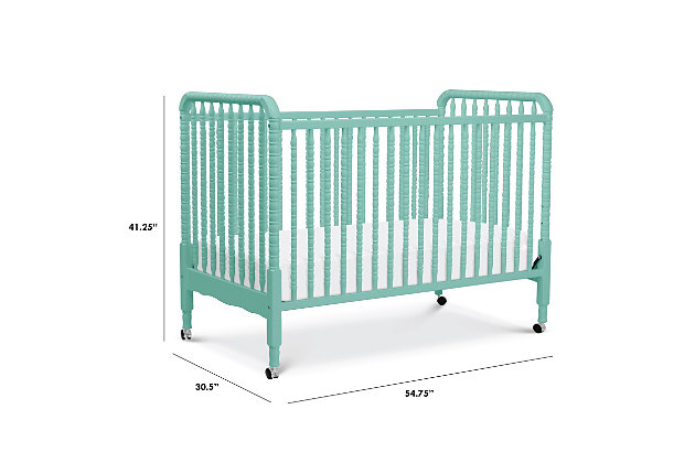 DaVinci’s beloved Jenny Lind 3-in-1 Convertible Crib brings classic, vintage-inspired charm to the nursery. Signature heirloom style and solid wood spindle posts are paired with easy assembly and convertibility for use beyond the nursery years. Crib converts to a toddler bed and day bed, with wheels included for mobility. Match with the Jenny Lind Changing Table to complete the collection.Made of solid, sustainable new zealand pine wood | Finished in a non-toxic multi-step painting process; lead and phthalate safe | Exceeds astm international and u.s. Cpsc safety standards | Greenguard gold certified product tested for over 10,000 chemicals, contributing to cleaner indoor air and a healthier environment for baby | 4 adjustable mattress positions that can be lowered as your baby begins to sit and stand; easily converts to toddler bed and day bed | Toddler conversion kit #m3199 sold separately | Rolling wheels allow you to move the crib freely and clean those hard-to-reach areas under the crib | Lockable wheels keep crib stationary | Davinci's line of non-toxic, greenguard gold mattresses recommended | Assembly required