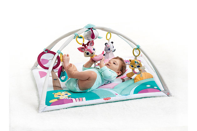 The Tiny Princess Tales Gymini Deluxe is the activity gym that gives you multiple ways to encourage your baby’s development. The Gymini baby gym features adjustable arches that can be easily arranged in a variety of ways to enhance your baby’s developmental environment. The open arches mode creates the ultimate tummy time space, allowing easy parental access for better bonding time. An electronic bird toy with lights and music feedback captivates and amuses your baby both when attached to the activity mat and when used as a take-along toy. This Gymini Deluxe engages baby’s senses and refines motor skills with a variety of detachable, entertaining developmental toys that promote baby’s growth and stimulate baby’s senses. The toys are detachable, making it easy to bring a favorite along when on the go. The soft play mat pad can easily be used as a changing pad and is machine washable for an easy clean.Adjustable arches create a multi-mode activity mat | Features 30 songs and 18 activities | Take-Along bird toy with lights and music allow for on-the-go fun! | Play mat is ideal for tummy time