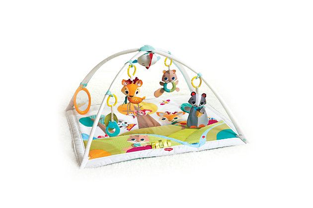 The Into the Forest Gymini Deluxe is the activity gym that gives you multiple ways to encourage your baby’s development. The Gymini baby gym features adjustable arches that can be easily arranged in a variety of ways to enhance your baby’s developmental environment. The open arches mode creates the ultimate tummy time space, allowing easy parental access for better bonding time. An electronic bird toy with lights and music feedback captivates and amuses your baby both when attached to the activity mat and when used as a take-along toy. This Gymini Deluxe engages baby’s senses and refines motor skills with a variety of detachable, entertaining developmental toys that promote baby’s growth and stimulate baby’s senses. The toys are detachable, making it easy to bring a favorite along when on the go. The soft play mat pad can easily be used as a changing pad and is machine washable for an easy clean.Adjustable arches create a multi-mode activity mat | Features 30 songs and 18 activities | Take-Along bird toy with lights and music allow for on-the-go fun! | Play mat is ideal for tummy time