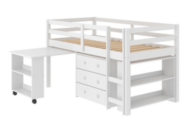 Kids Twin Low Loft Study Set, White, grid