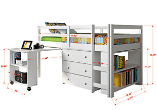 Create the bedroom of their dreams with this twin bookcase bed with desk. Quality crafted with pine wood for sturdy construction made for years of enjoyment, this bookcase bed and desk offers space-saving convenience. With three-drawer storage plus bookshelf space and a rollout desk set on casters, it’s quite the big deal for small-space living.Made of pine wood and engineered wood | White finish | 3-drawer chest | End-of-bed bookshelf | Rollout desk set on casters (with book shelf) | Mattress ready slat system | Built-in ladder and guard rail | Lacquer finish for easy cleaning | Assembly required