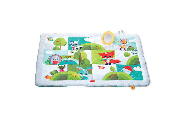Give your baby extra room to play and explore with the Tiny Love Super Mat. The Super Mat is truly super-sized and features a variety of engaging activities to encourage your baby’s development with each area providing different types of stimuli to encourage motor skills: from a crinkly fox tail to an engaging peek-a-boo tree and more. This variety of textures, images and toys provides baby with a space to be entertained as they learn important developmental skills. The extra-large size of the mat is great for play dates with plenty of room for two. The Super Mat is also a cozy place for bonding with baby and has a removable mirror that is perfect for helping you to extend tummy time. Easy to fold and carry, the Super Mat is great to take on the go and is designed for both indoor and outdoor use.EXTRA ROOM FOR FUN – The extra-large play mat features a developmental playground of fun activities and discovery for baby, all built onto comfy plush padding to keep baby and parent comfortable. | FUN AT HOME OR ON THE GO – Folds easily into a compact size that makes it perfect for taking along to the beach, the park, or wherever the day takes you! | PLAYFUL TEXTURES – Features fun and engaging textures for tactile and motor skill development. | PROMOTE FACIAL RECOGNITION – Soft padded mirror on play mat promotes facial recognition and continuous engagement.