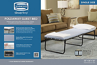 With a comfort-focused, durable and easy-to-store design, the Simmons BeautySleep™ single foldaway guest bed is the perfect solution for any time you need a sleep surface, have limited space, overnight guests, or a planned camping or RV excursion.Reinforced tubular steel frame supports up to 250 lbs | Light blue finish | Mattress made of memory foam and comfort foam | Premium micro-quilt 3-way stretch knit fabric | Removable/washable cover | Imported | 1 Year Warranty | Shipped via FedEx | Each Simmons BeautySleep™ single foldaway guest bed is manufactured and packaged individually | Dimensions may vary slightly | Assembly required