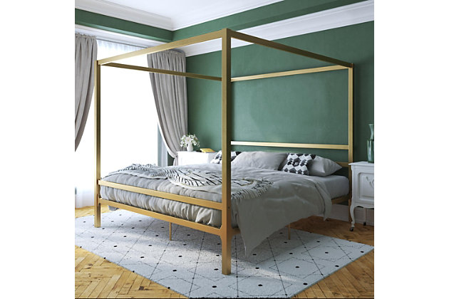 The Atwater Living Cara Metal Canopy Bed will leave you waking up feeling like royalty. Its timeless square-line design is built with sturdy metal and stabilized with secured metal slats that provide full support and a ventilation system for your mattress. Add some lightweight drapes or elegant curtains to create the perfect personal sanctuary. The Atwater Living Cara Metal Canopy Bed is the beautiful centerpiece you've been dreaming of.Made of metal | Modern design/sleek silhouette with built-in headboard with unadorned lines for a timeless look | Includes secured metal slats, metal side rails and additional center legs for added support | Fits in a standard ceiling room | Weight limit 500 lbs. | Bed does not require a foundation/box spring | Mattress available, sold separately | Ships in 1 box | Easy assembly
