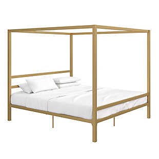 The Atwater Living Cara Metal Canopy Bed will leave you waking up feeling like royalty. Its timeless square-line design is built with sturdy metal and stabilized with secured metal slats that provide full support and a ventilation system for your mattress. Add some lightweight drapes or elegant curtains to create the perfect personal sanctuary. The Atwater Living Cara Metal Canopy Bed is the beautiful centerpiece you've been dreaming of.Made of metal | Modern design/sleek silhouette with built-in headboard with unadorned lines for a timeless look | Includes secured metal slats, metal side rails and additional center legs for added support | Fits in a standard ceiling room | Weight limit 500 lbs. | Bed does not require a foundation/box spring | Mattress available, sold separately | Ships in 1 box | Easy assembly