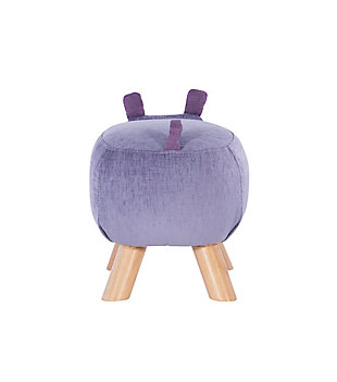 This adorable Hippo stool in shades of purple is the sweetest addition to any nursery, bedroom, or playroom. The natural finish on its simple angled legs allows focus to be centered on the happy hippo face. The Crosshatching fabric in 100% polyester is smooth to the touch and easy to spot clean. A unique and perfect gift for the hippopotamus lover in anyone.Cushioned with soft foam | Light purple body, dark purple ears and tail, black eyes and nostrils | Legs in natural finish | Assembly takes less than 15 minutes | Wipe clean with dry or damp cloth | Seat Height: 12", Seat Dimensions: 12"w x 14.5"d | Weight Limit: 105 lbs