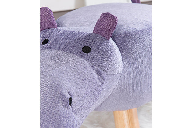 This adorable Hippo stool in shades of purple is the sweetest addition to any nursery, bedroom, or playroom. The natural finish on its simple angled legs allows focus to be centered on the happy hippo face. The Crosshatching fabric in 100% polyester is smooth to the touch and easy to spot clean. A unique and perfect gift for the hippopotamus lover in anyone.Cushioned with soft foam | Light purple body, dark purple ears and tail, black eyes and nostrils | Legs in natural finish | Assembly takes less than 15 minutes | Wipe clean with dry or damp cloth | Seat Height: 12", Seat Dimensions: 12"w x 14.5"d | Weight Limit: 105 lbs