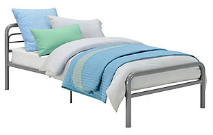 Rest easy. This stylish twin metal bed offers ageless appeal. Round tubular metal with softened edges provides a pleasing aesthetic sure to complement many spaces. Inclusion of metal slats means no need for a foundation or box spring. Mattress available, sold separately.Includes metal headboard, footboard, rails and slats | Bed does not require a foundation/box spring | Mattress available, sold separately | Assembly required