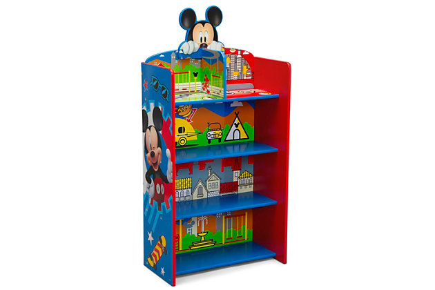 Add Mickey Mouse's iconic style to any kids’ bedroom, playroom or clubhouse with this playful Mickey Mouse Wooden Playhouse 4-Shelf Bookcase by Delta Children. The versatile design allows it to be used as a traditional bookcase with four spacious shelves that give kids easy access to their books, games or toys. Or they can use it as a playhouse where the decorative back panel serves as an imaginative backdrop. Constructed from durable wood with a scratch-resistant finish, this bookshelf will withstand years of use.Made of wood, engineered wood and metal | Recommended for ages 3+ | 2-in-1 design for use as a bookcase or playhouse | Colorful scenes on the back panel serve as a vibrant backdrop | Encourages imaginative play that can boost creativity, vocabulary and fine motor skills | 4 shelves provide plenty of storage space for books, toys, accessories and more | Bold graphics include mickey cutout on top for additional character | Nontoxic, multistep painting process is lead and phthalate safe | Meets or exceeds all national safety standards and cpsc regulations | Assembly required | For any questions regarding delta children products, please contact consumersupport@deltachildren.com monday to friday, 8:30 a.m. To 6 p.m. (est)