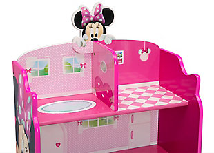 Add Minnie Mouse's iconic style to any kids’ bedroom, playroom or Clubhouse with this playful Minnie Mouse Wooden Playhouse 4-Shelf Bookcase by Delta Children. The versatile design allows it to be used as a traditional bookcase with four spacious shelves that give kids easy access to their books, games or toys. Or they can use it as a playhouse where the decorative back panel serves as an imaginative backdrop. Constructed from durable wood with a scratch-resistant finish, this bookshelf will withstand years of use.Made of wood, engineered wood and metal | Recommended for ages 3+ | 2-in-1 design for use as a bookcase or playhouse | Colorful scenes on the back panel serve as a vibrant backdrop | Encourages imaginative play that can boost creativity, vocabulary and fine motor skills | 4 shelves provide plenty of storage space for books, toys, accessories and more | Bold graphics include minnie cutout on top for additional character | Nontoxic, multistep painting process is lead and phthalate safe | Meets or exceeds all national safety standards and cpsc regulations | Assembly required | For any questions regarding delta children products, please contact consumersupport@deltachildren.com monday to friday, 8:30 a.m. To 6 p.m. (est)
