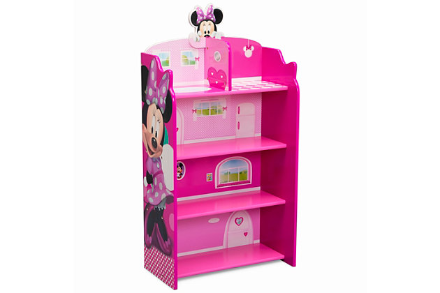 Add Minnie Mouse's iconic style to any kids’ bedroom, playroom or Clubhouse with this playful Minnie Mouse Wooden Playhouse 4-Shelf Bookcase by Delta Children. The versatile design allows it to be used as a traditional bookcase with four spacious shelves that give kids easy access to their books, games or toys. Or they can use it as a playhouse where the decorative back panel serves as an imaginative backdrop. Constructed from durable wood with a scratch-resistant finish, this bookshelf will withstand years of use.Made of wood, engineered wood and metal | Recommended for ages 3+ | 2-in-1 design for use as a bookcase or playhouse | Colorful scenes on the back panel serve as a vibrant backdrop | Encourages imaginative play that can boost creativity, vocabulary and fine motor skills | 4 shelves provide plenty of storage space for books, toys, accessories and more | Bold graphics include minnie cutout on top for additional character | Nontoxic, multistep painting process is lead and phthalate safe | Meets or exceeds all national safety standards and cpsc regulations | Assembly required | For any questions regarding delta children products, please contact consumersupport@deltachildren.com monday to friday, 8:30 a.m. To 6 p.m. (est)