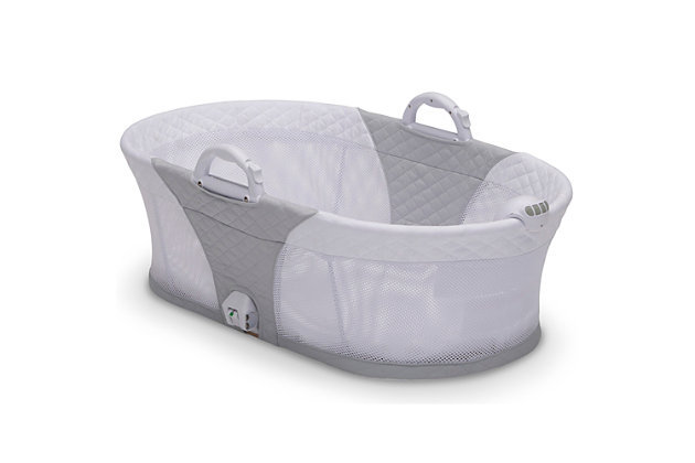 The 2-in-1 Moses Basket Bedside Bassinet Sleeper by Delta Children is a comfortable sleep space for newborns that combines a Moses basket with a standard bassinet. The adorable Moses basket safely attaches to the bassinet frame and can be easily removed, so you can keep your baby nearby as you move around the house. To calm your newborn, the attached electronic pod plays peaceful music or sounds, emits gentle vibrations and features a soft-glow nightlight. An easy-to-reach storage basket keeps blankets, diapers or other supplies nearby. A great first sleep space for your baby, the 2-in-1 Moses Basket Bedside Bassinet Sleeper by Delta Children is a versatile option that works in your bedroom, living room, kitchen or anywhere else in the house.Made of metal, plastic and fabric | 2-in-1 design: use the portable moses basket on its own or attach to the stand for a stationary bassinet for baby | Attached electronic pod plays peaceful music and sounds, emits gentle vibrations and features a soft glow nightlight (requires 3 aa batteries, not included) | Smooth-gliding roll wheels make it easy to move from room to room | Quilted fabrics create a cozy sleep environment | Includes 1" waterproof mattress and fitted bassinet sheet | Mesh on sides promotes airflow and a cooler sleep environment for baby | Convenient storage under the bassinet keeps blankets, diapers or other supplies nearby | Jpma certified to meet or exceed all safety standards set by the cpsc and astm | Easy assembly (no tools required) | For any questions regarding delta children products, please contact consumersupport@deltachildren.com monday to friday, 8:30 a.m. To 6 p.m. (est)