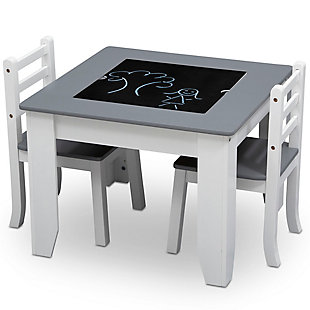Kids will love getting crafty with the Chelsea Chair Set and Table from Delta Children. It has a double-sided art surface that features a dry erase board that flips into a chalkboard. Underneath the art surface: an easy-access storage compartment for markers, paintbrushes, toys and other items. The perfect play table for art projects, tea parties, snacks and more, the Chelsea Chair Set and Table will make a great addition to any room. The table’s modern, two-tone design in contemporary shades of gray and white ensures it will look equally cool in the playroom or living room.3-piece set with table and 2 chairs | Made of wood, engineered wood and metal | Recommended for ages 3+ | Center of the table includes reversible insert featuring dry-erase whiteboard on one side and a chalkboard on the other | Easily lift the drawing surface to reveal a spacious storage area for paints, brushes, crayons, markers or toys | Nontoxic, multistep painting process is lead and phthalate safe | Meets or exceeds all national safety standards and cpsc regulations | Assembly required