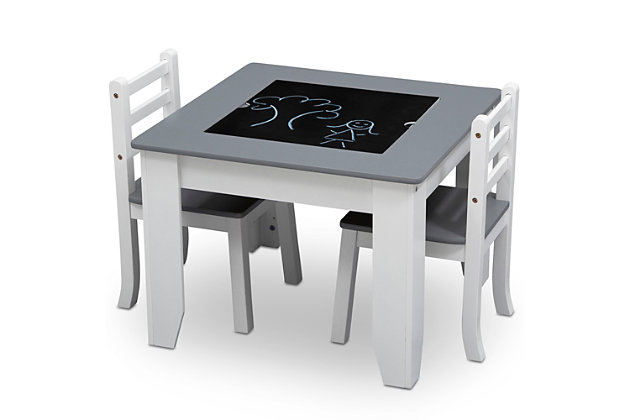 Kids will love getting crafty with the Chelsea Chair Set and Table from Delta Children. It has a double-sided art surface that features a dry erase board that flips into a chalkboard. Underneath the art surface: an easy-access storage compartment for markers, paintbrushes, toys and other items. The perfect play table for art projects, tea parties, snacks and more, the Chelsea Chair Set and Table will make a great addition to any room. The table’s modern, two-tone design in contemporary shades of gray and white ensures it will look equally cool in the playroom or living room.3-piece set with table and 2 chairs | Made of wood, engineered wood and metal | Recommended for ages 3+ | Center of the table includes reversible insert featuring dry-erase whiteboard on one side and a chalkboard on the other | Easily lift the drawing surface to reveal a spacious storage area for paints, brushes, crayons, markers or toys | Nontoxic, multistep painting process is lead and phthalate safe | Meets or exceeds all national safety standards and cpsc regulations | Assembly required